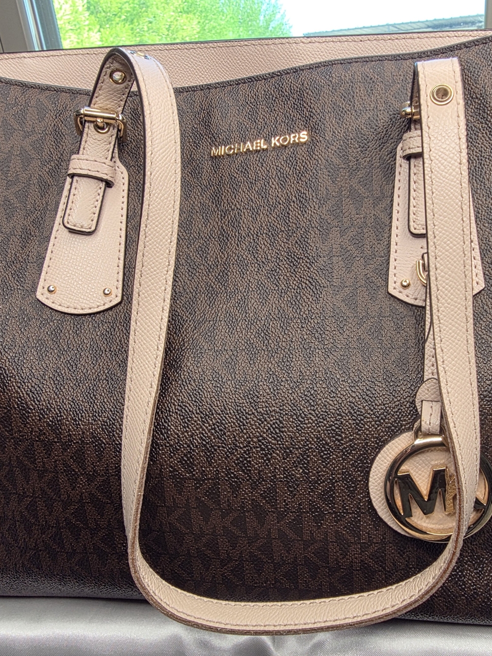 Michael Kors Brown Signature Logo Tote with Blush Leather Trim & Buckle Straps